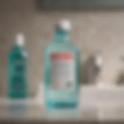 A close-up of a bottle of alcohol-based mouthwash on a bathroom counter