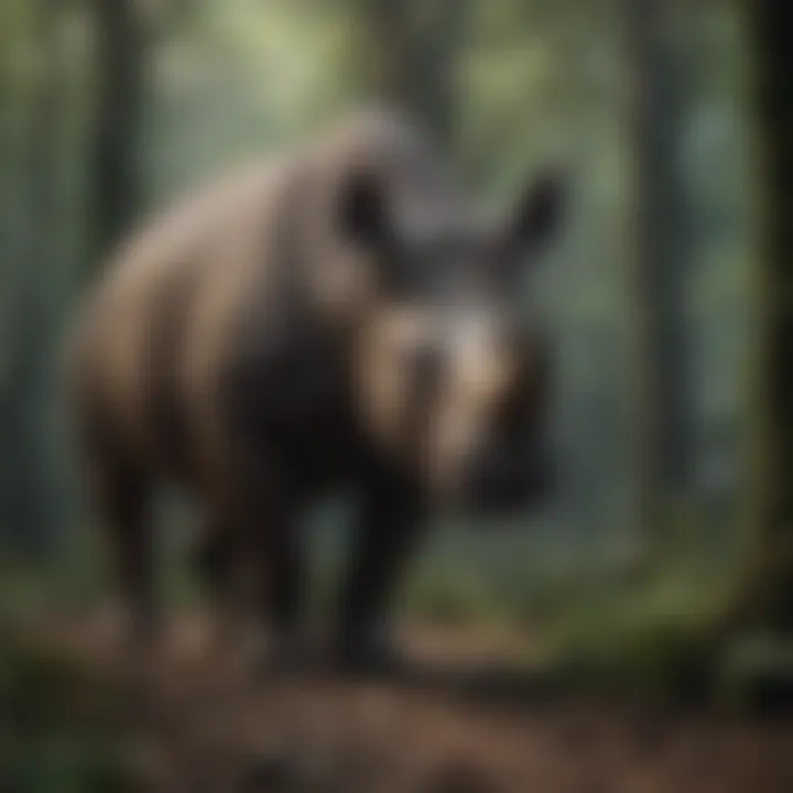 A solitary Sumatran rhino in dense forest