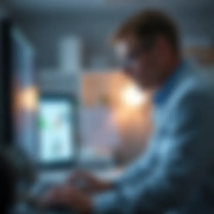 A researcher examining test results on a computer