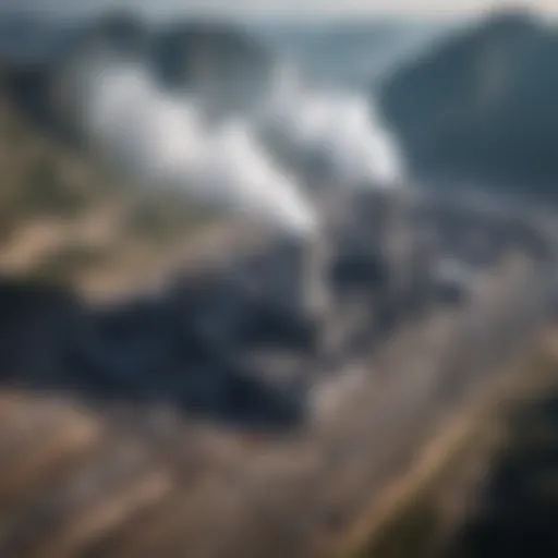 Aerial view of a coal power plant in China amidst a mountainous backdrop.