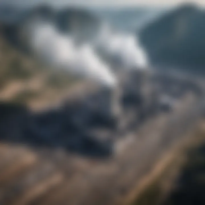 Aerial view of a coal power plant in China amidst a mountainous backdrop.