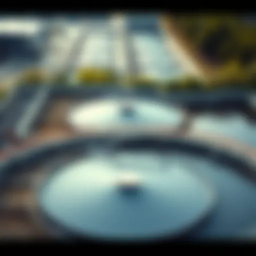 Aerial view of a modern wastewater treatment plant showcasing filtration tanks