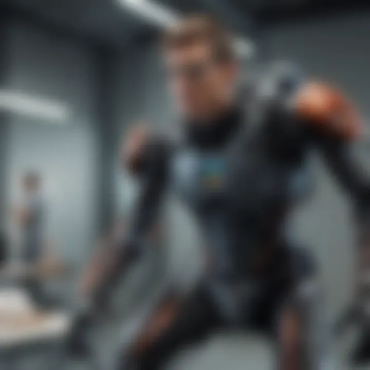 Research environment focusing on exoskeletons, with scientists analyzing data.