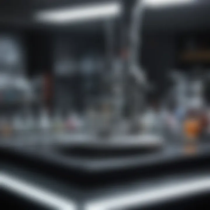 Laboratory setting with spectrophotometric equipment and samples.