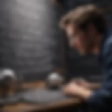 A physicist working on a complex mathematical model on a chalkboard