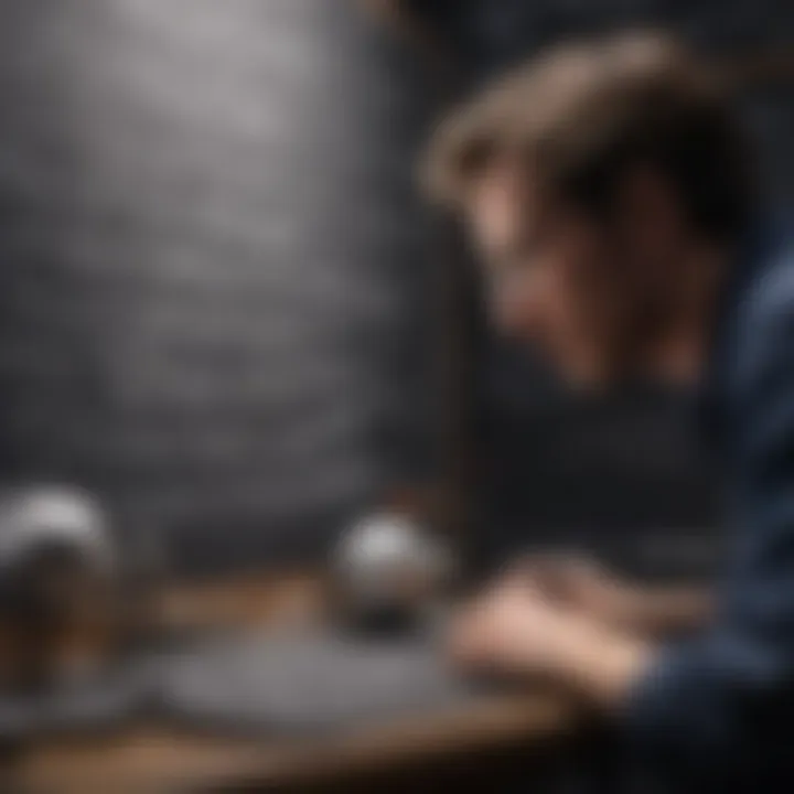 A physicist working on a complex mathematical model on a chalkboard