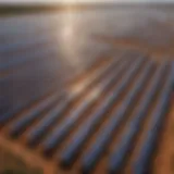 Aerial view of solar panels reflecting sunlight on a vast landscape