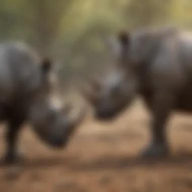 An artistic representation of rhinos interacting with their environment