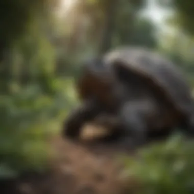 Giant Tortoise in Natural Habitat Giant tortoise in its natural habitat among lush vegetation