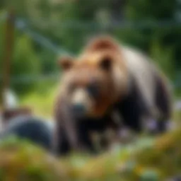 A grizzly bear in a natural habitat showcasing its distinctive hump and powerful build.