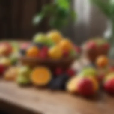 A vibrant assortment of fresh fruits arranged on a wooden table.