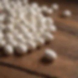 Close-up of lactose pills on a wooden surface