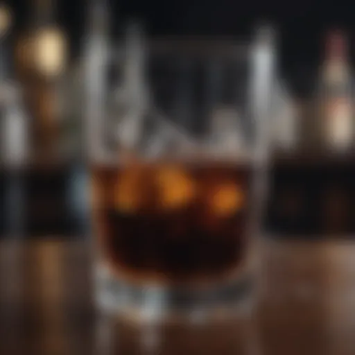 A close-up of a glass filled with dark liquid, condensation on the sides, set against a blurred background of a bar.