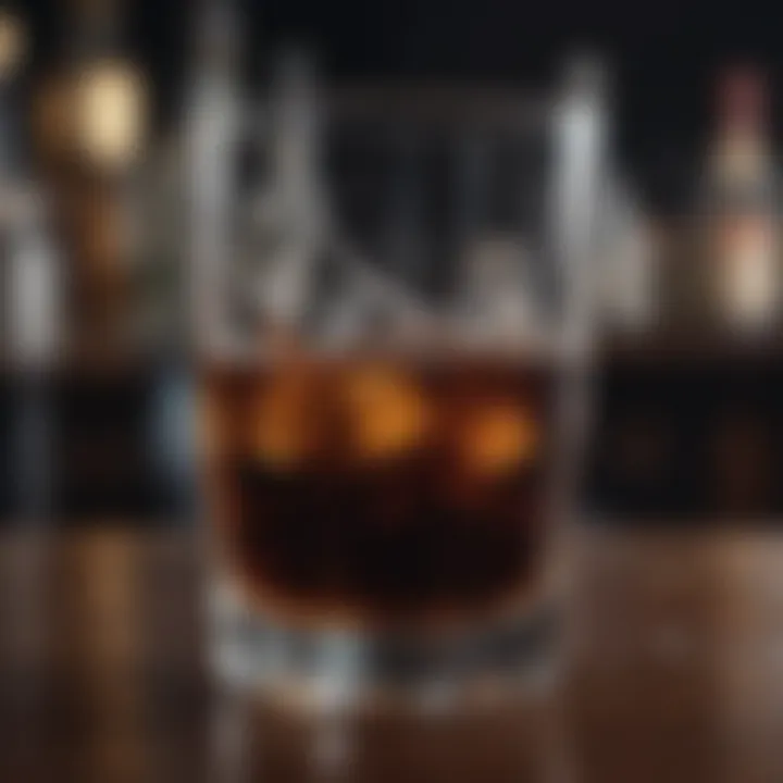 A close-up of a glass filled with dark liquid, condensation on the sides, set against a blurred background of a bar.