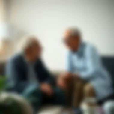 Supportive Conversations A serene setting depicting an elderly person in conversation with a caregiver, emphasizing connection.