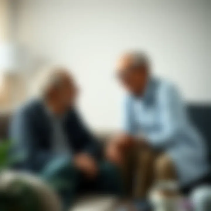 Supportive Conversations A serene setting depicting an elderly person in conversation with a caregiver, emphasizing connection.