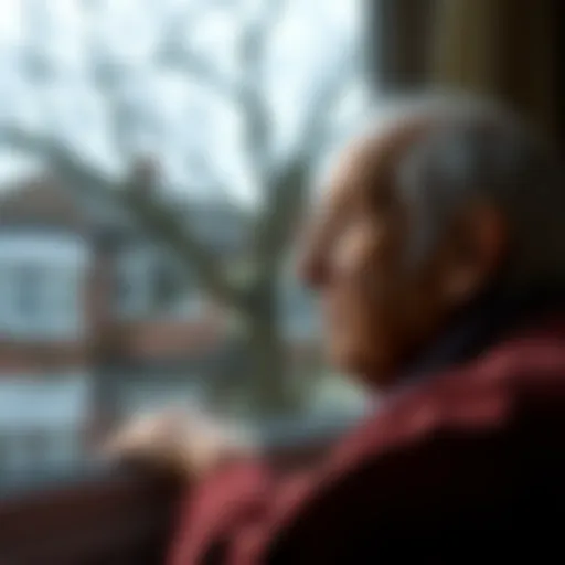 A thoughtful elderly individual gazing out of a window, reflecting on their experiences.