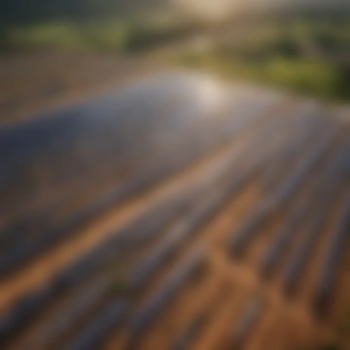 Aerial view of solar farms in a rural landscape