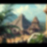 An intricate depiction of Myan architectural styles showcasing temples and pyramids.