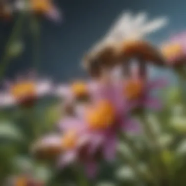 A close-up of honey bees collecting nectar from vibrant flowers