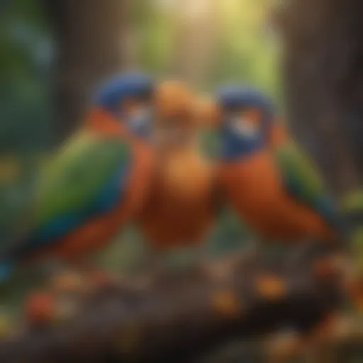 A vibrant display of courtship behaviors among colorful birds