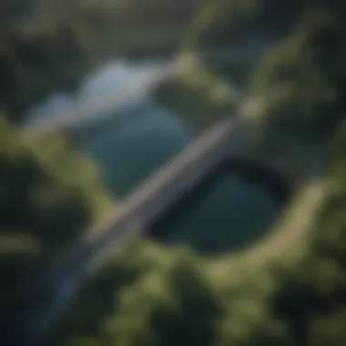 A stunning aerial view of a well-designed dam surrounded by lush greenery