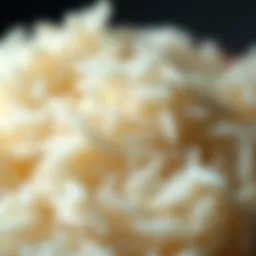 A close-up of cooked white rice showcasing its texture and appearance.