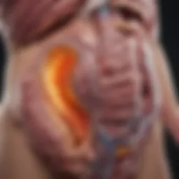 Anatomical diagram of the pancreas highlighting pain areas